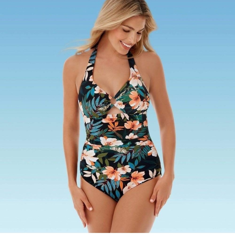 DREAMSUIT BY MIRACLE BRANDS Tropical Floral Print Halter One Piece Swimsuit NWT